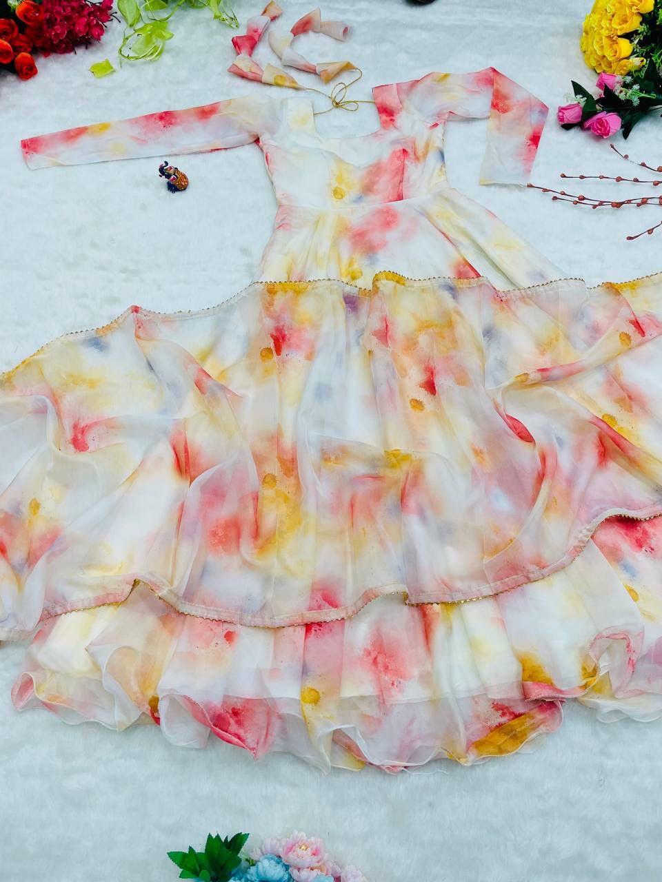 Elegant Organza Silk Floral Digital Printed Gown With Dupatta - Ethnicwish