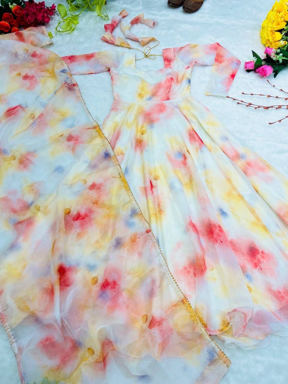 Elegant Organza Silk Floral Digital Printed Gown With Dupatta - Ethnicwish