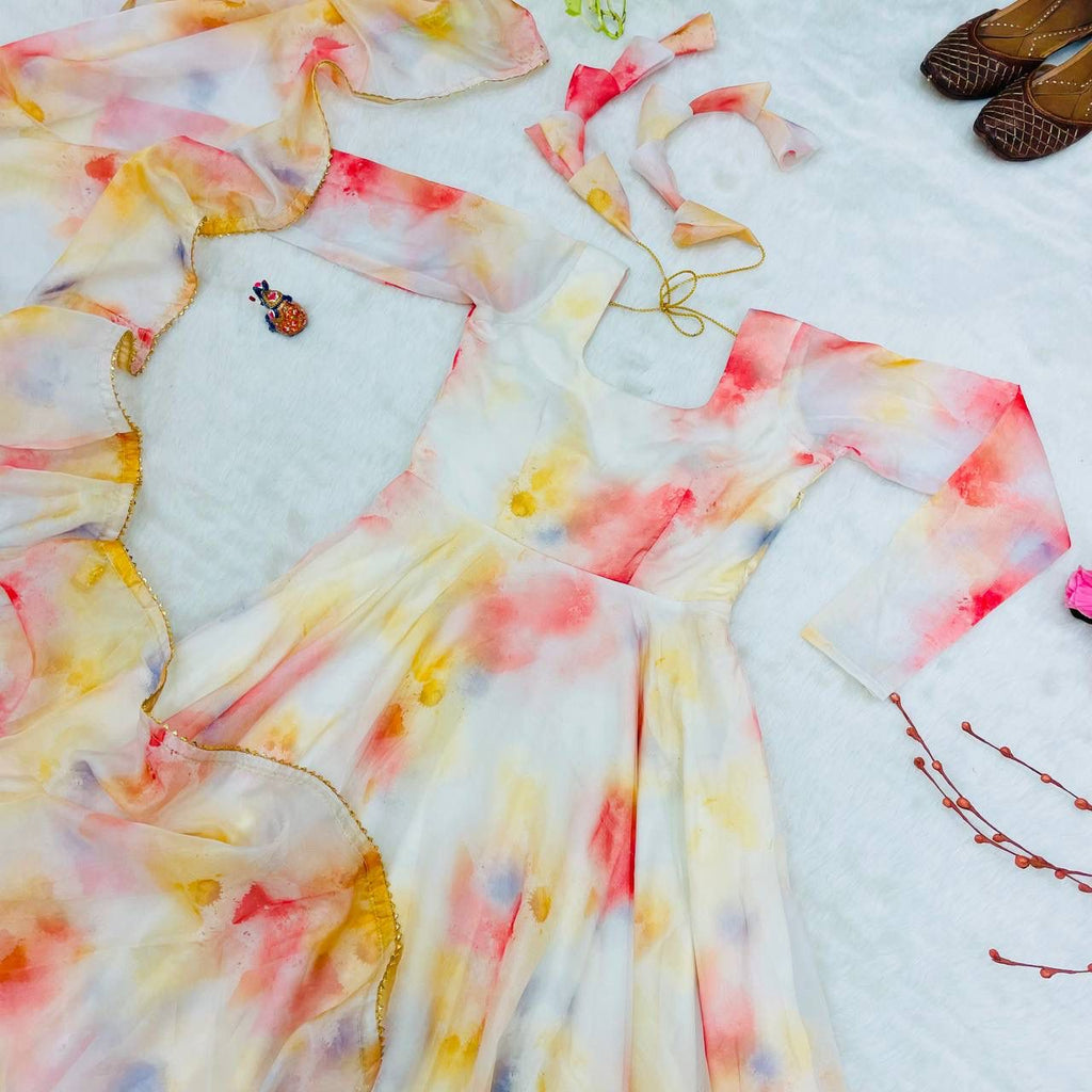 Elegant Organza Silk Floral Digital Printed Gown With Dupatta - Ethnicwish