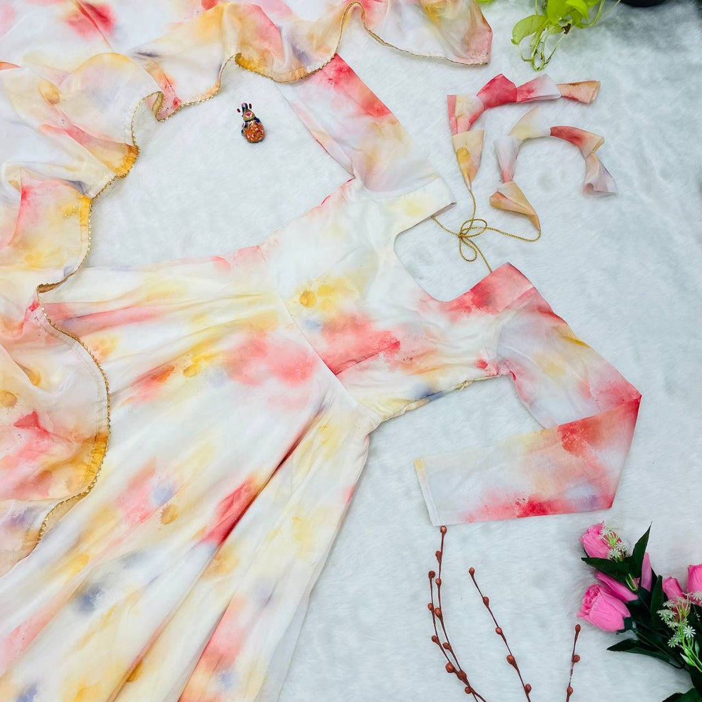 Elegant Organza Silk Floral Digital Printed Gown With Dupatta - Ethnicwish