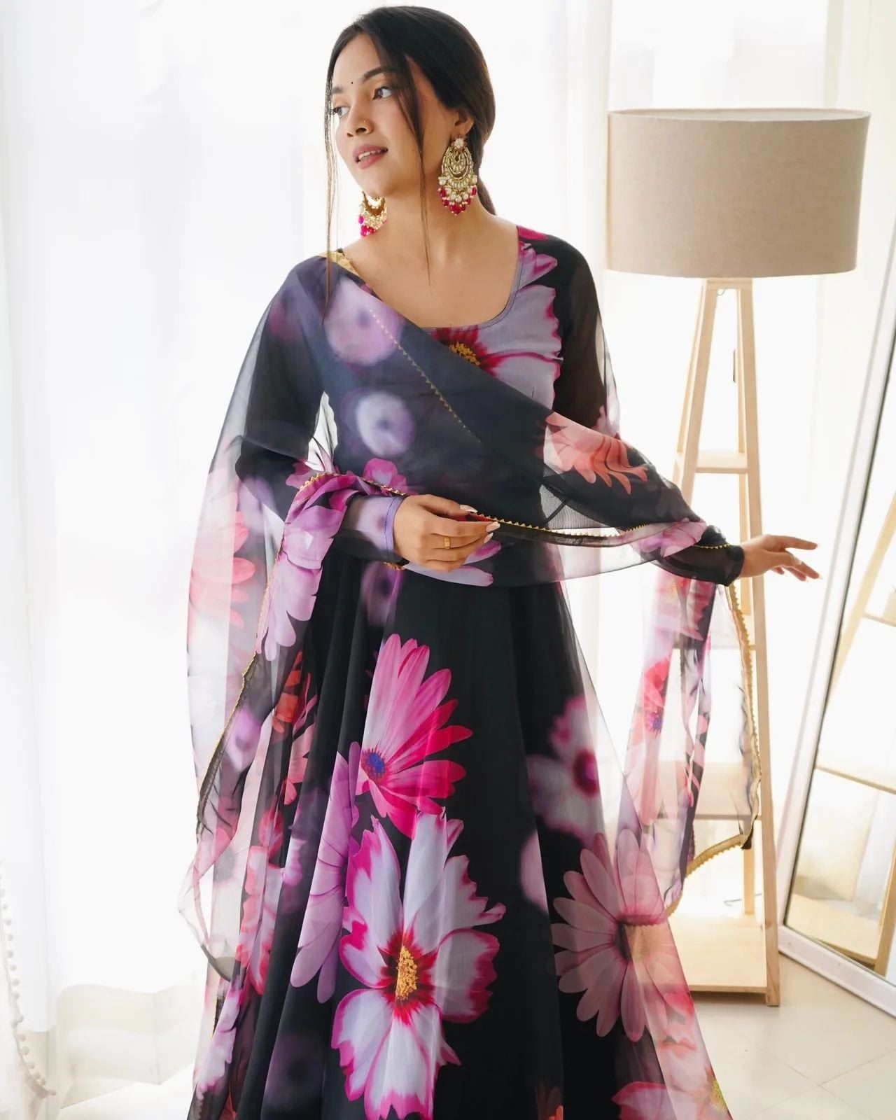 Enchanting Black Organza Silk Floral Printed Stitched Gown With Dupatta - Ethnicwish
