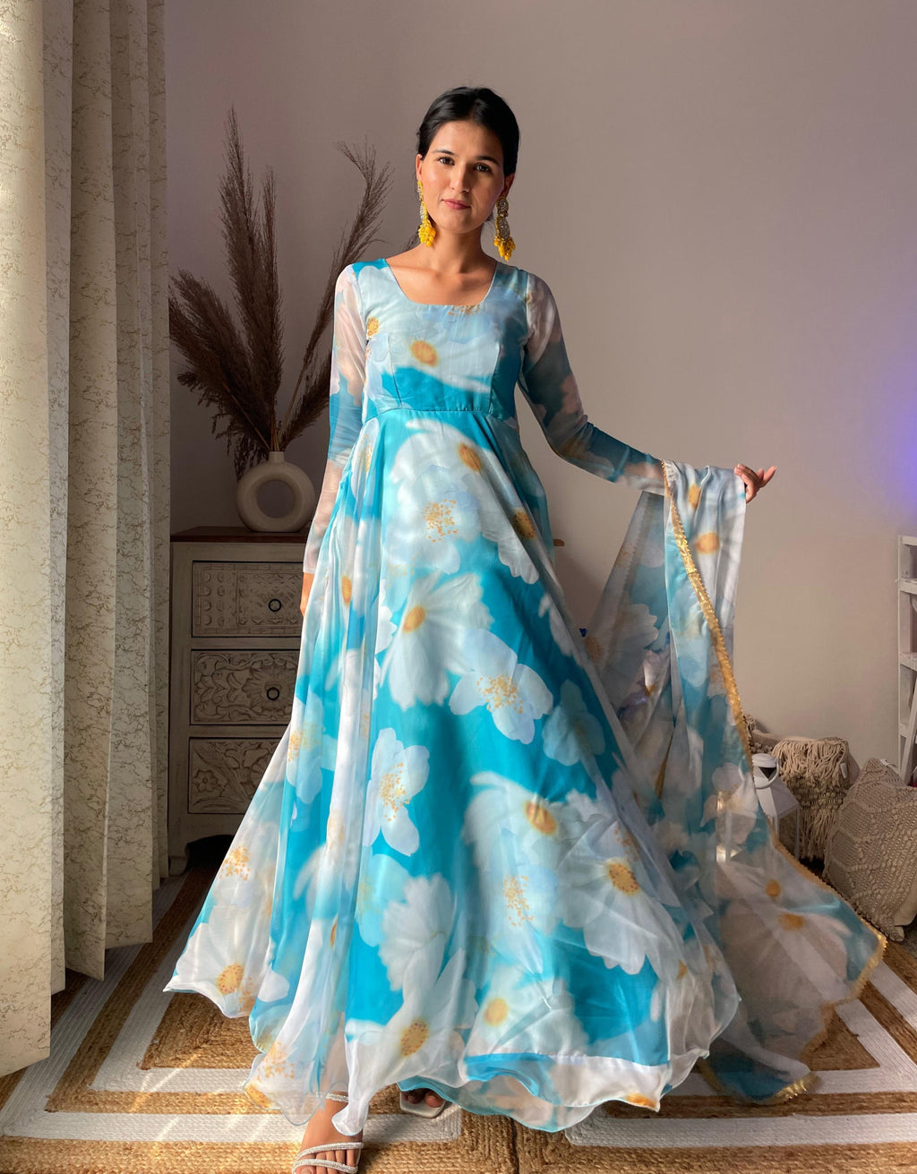 Classy Sky Blue Organza Silk Floral Printed Stitched Gown With Dupatta - Ethnicwish