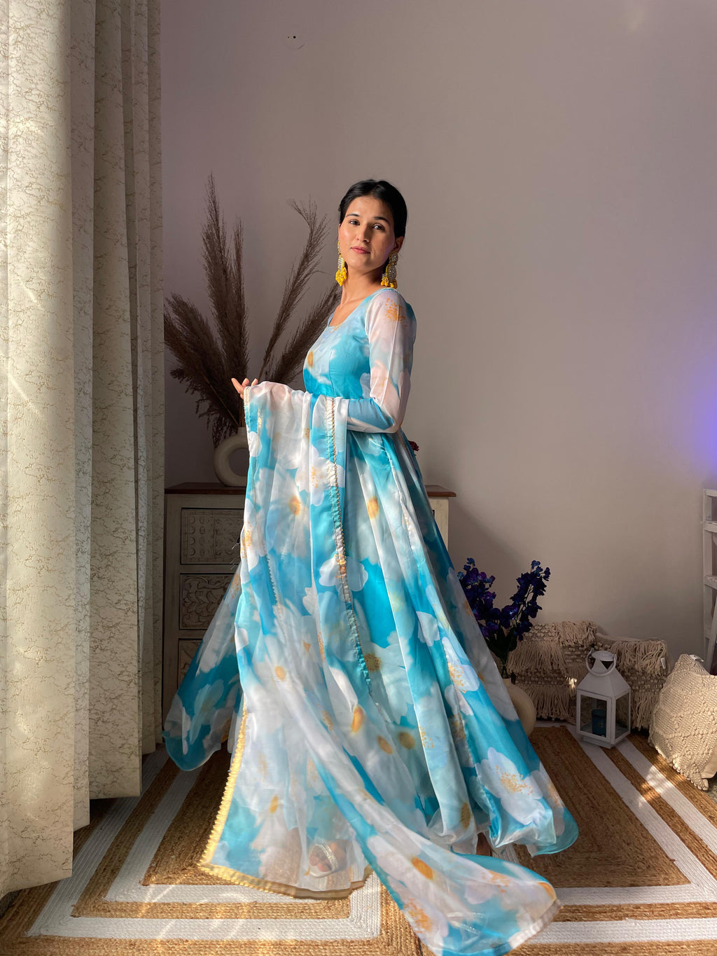 Classy Sky Blue Organza Silk Floral Printed Stitched Gown With Dupatta - Ethnicwish