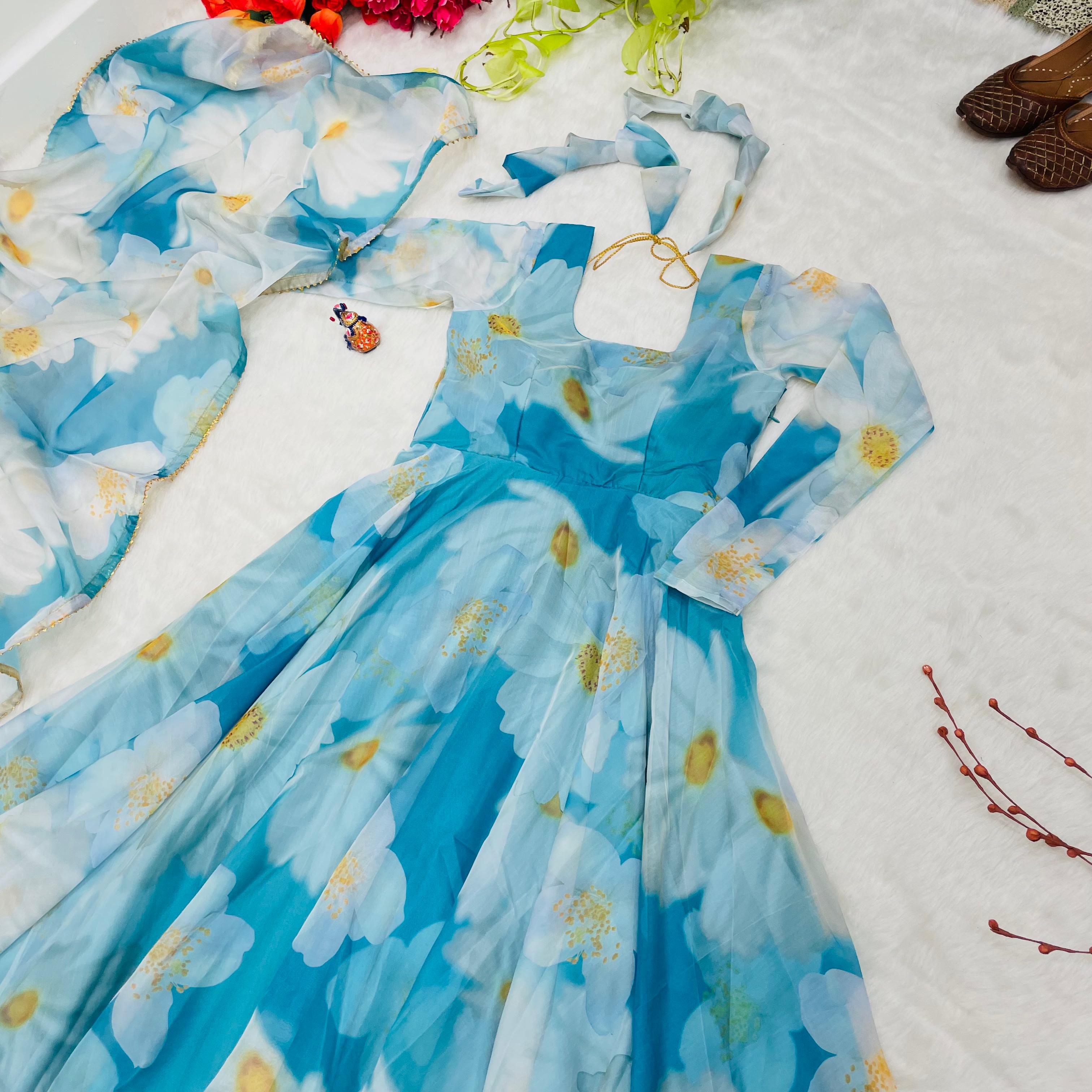 Classy Sky Blue Organza Silk Floral Printed Stitched Gown With Dupatta - Ethnicwish