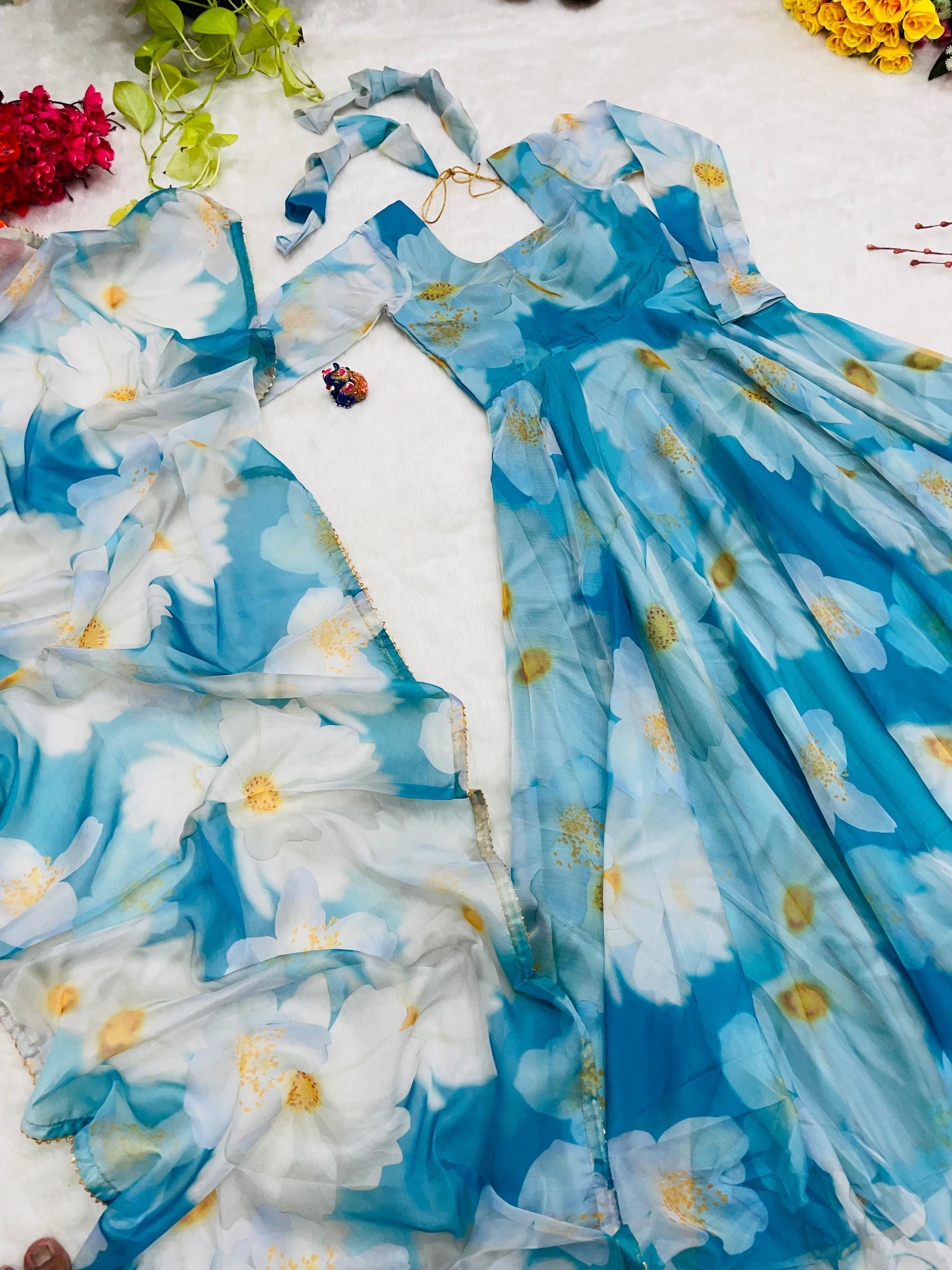 Classy Sky Blue Organza Silk Floral Printed Stitched Gown With Dupatta - Ethnicwish