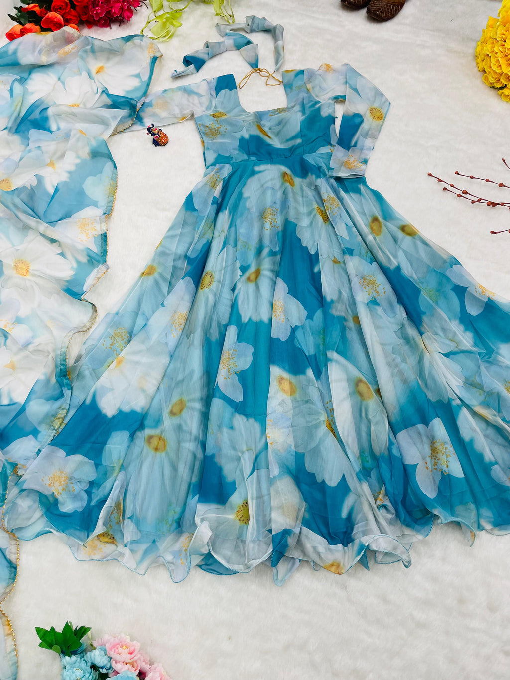 Classy Sky Blue Organza Silk Floral Printed Stitched Gown With Dupatta - Ethnicwish