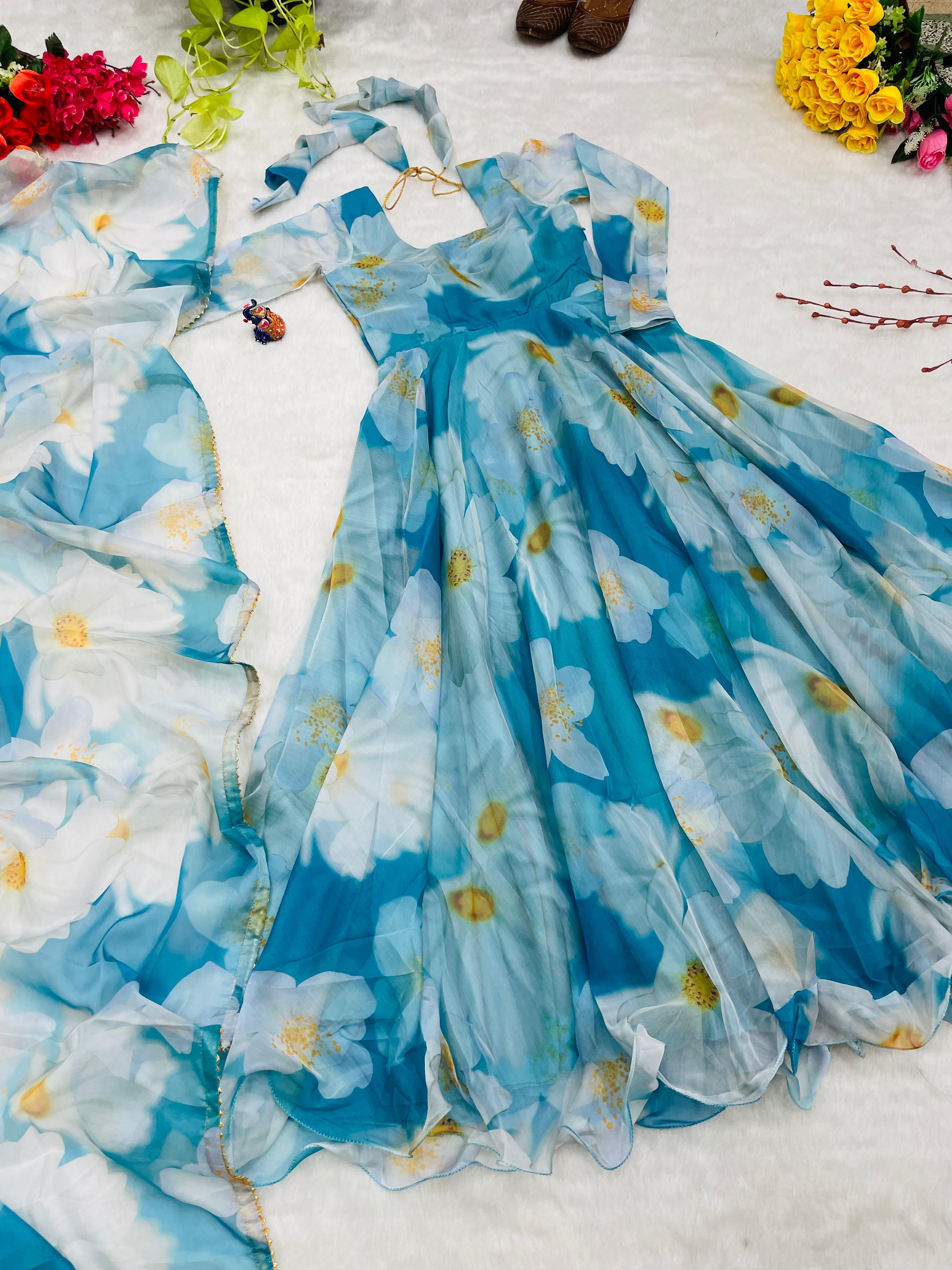 Classy Sky Blue Organza Silk Floral Printed Stitched Gown With Dupatta - Ethnicwish