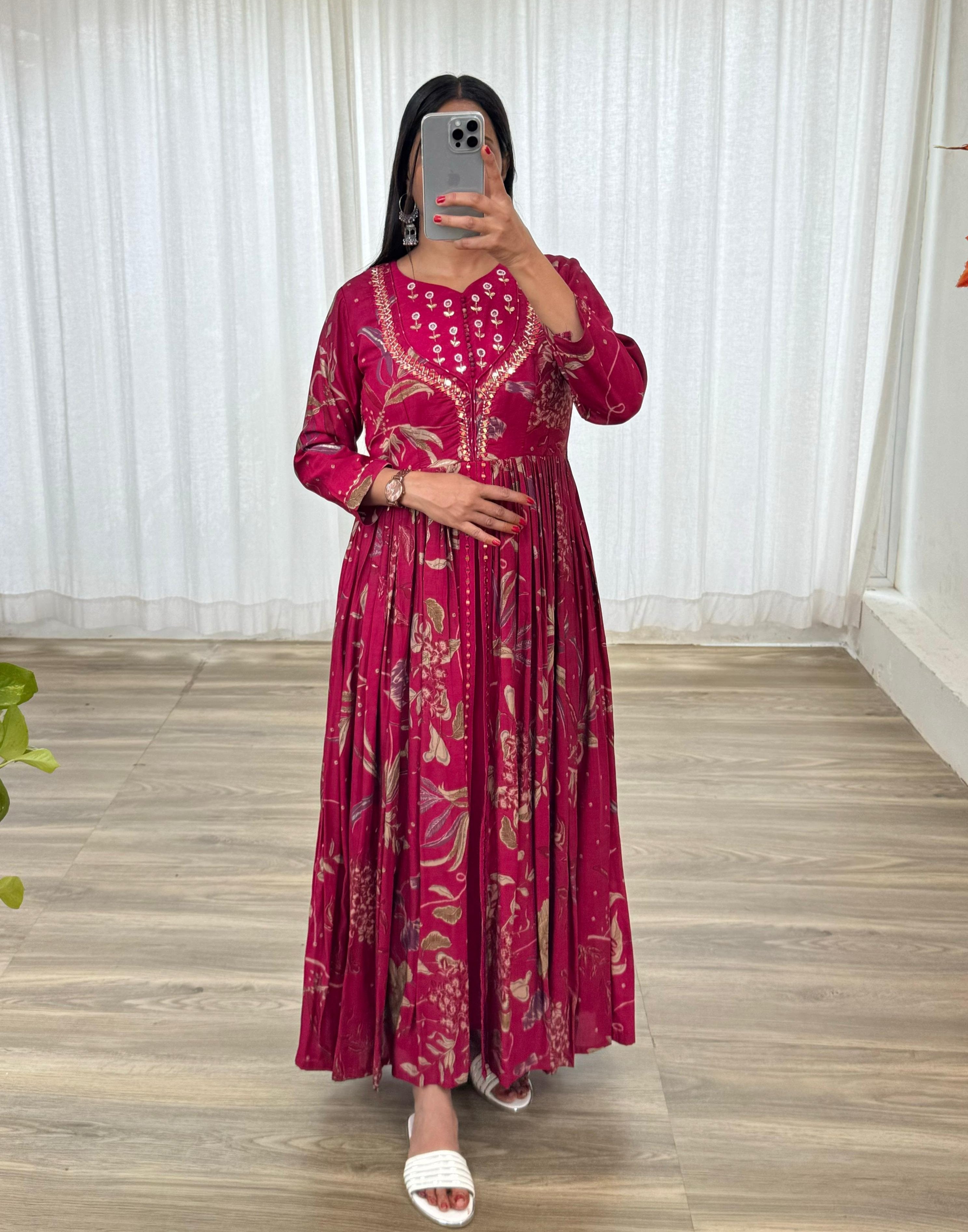 Enamoring Rani Roman Silk Handworked Fully Stitched Designer Gown - Ethnicwish