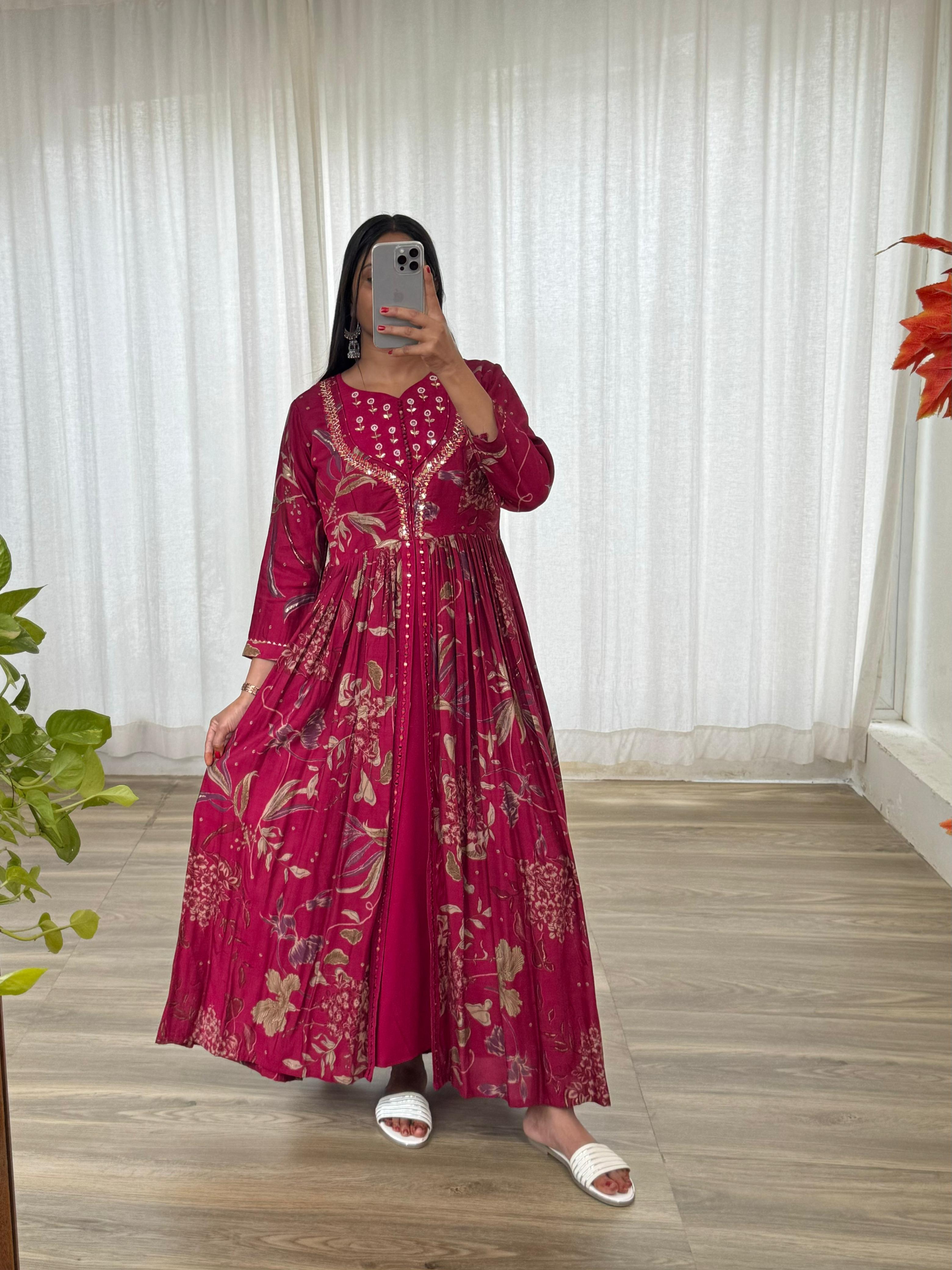 Enamoring Rani Roman Silk Handworked Fully Stitched Designer Gown - Ethnicwish