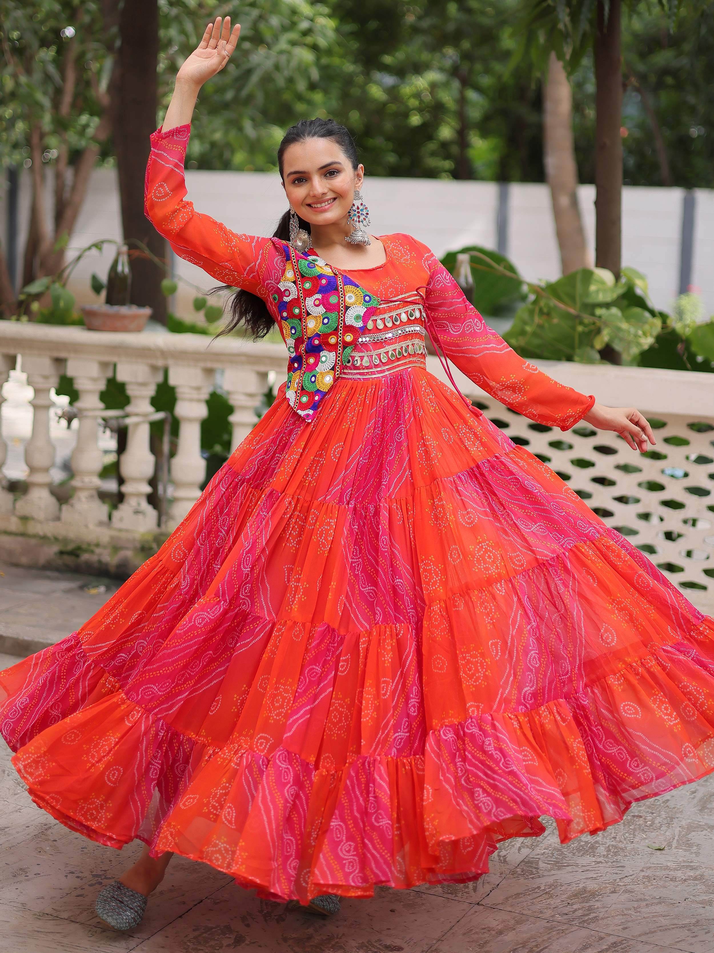 Regal Pink Georgette Kutchi Gamthi Work Navratri Wear Gown