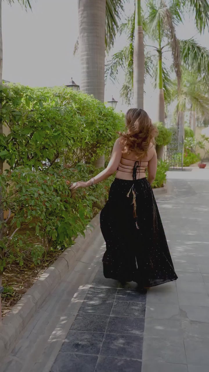 Stylish Black Embroidered Top & Pure Butti Flairy Palazzo Set