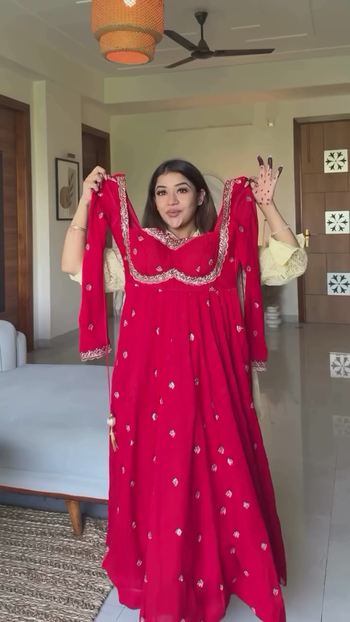 Red Chilli Slit Anarkali Premium Suit Set For Festive & Party Wear