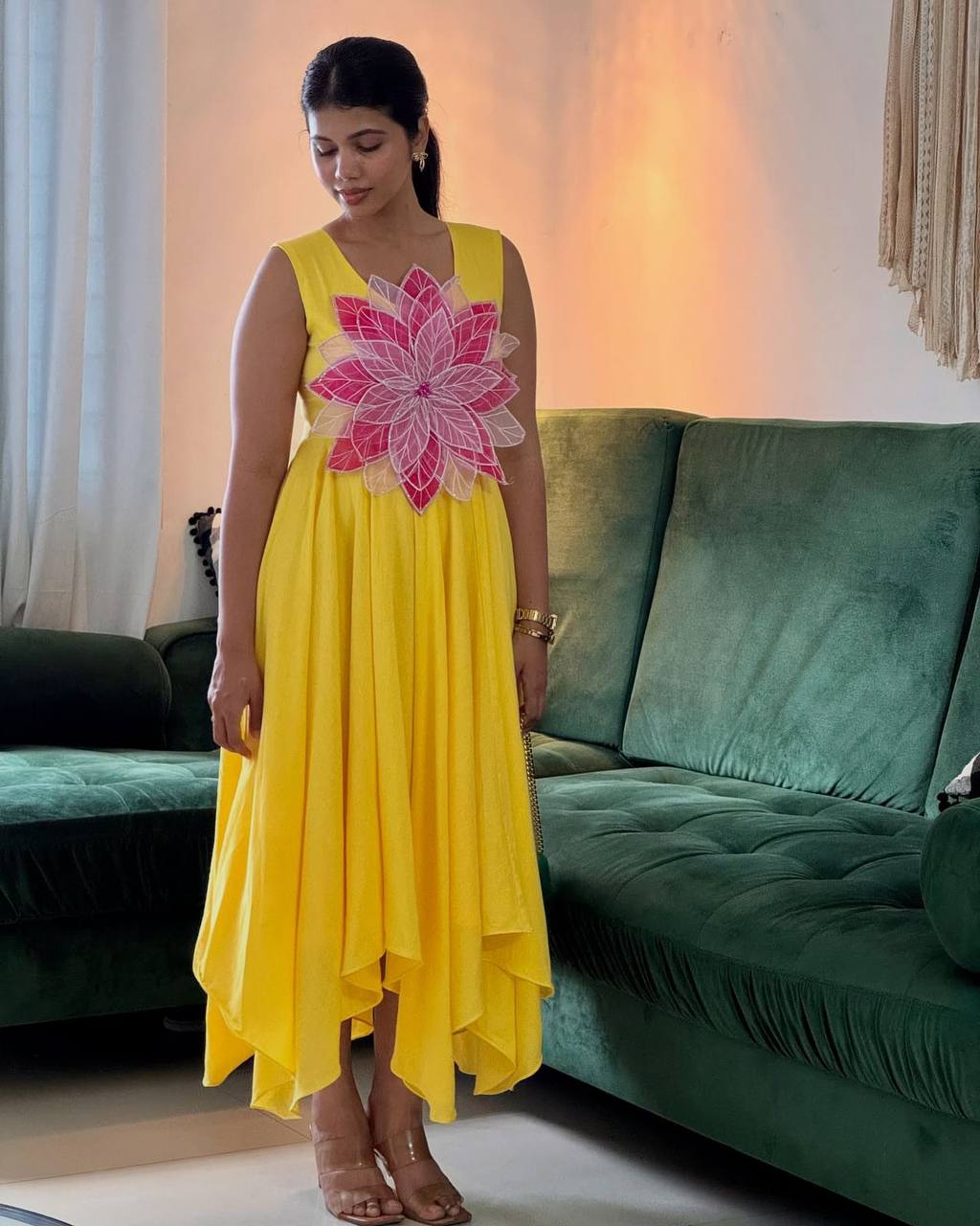 Fancy Parampara Silk Frock with Floral Appliqué Work – Fully Stitched & Elegant - ETHNICDEAL