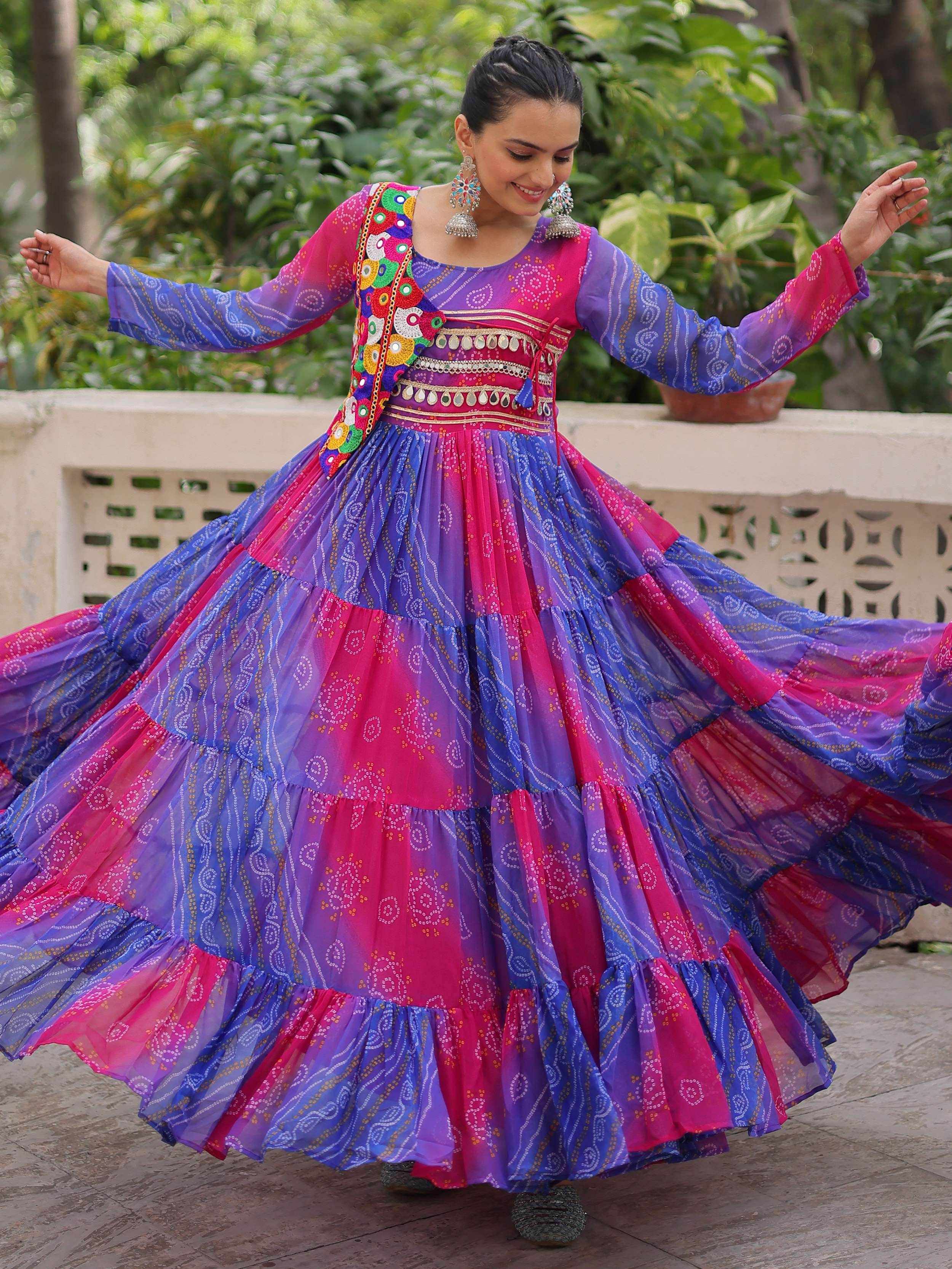 Delicate Purple Bandhani Printed Festival Wear Layered Gown