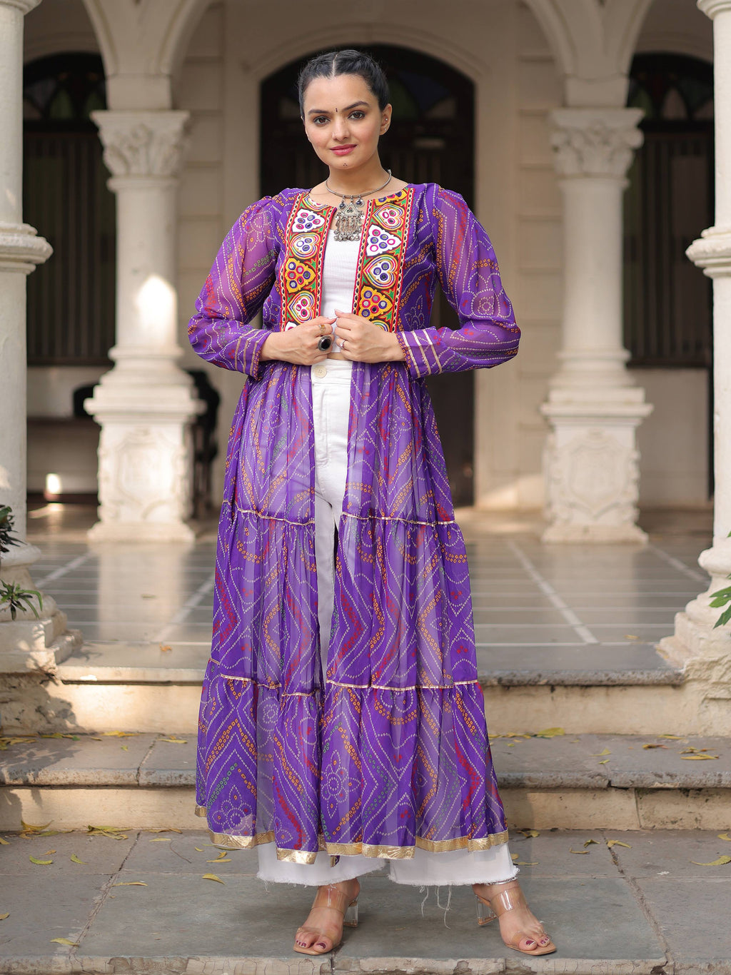Charming Purple Bandhani Printed Festival Wear Layered Shrug