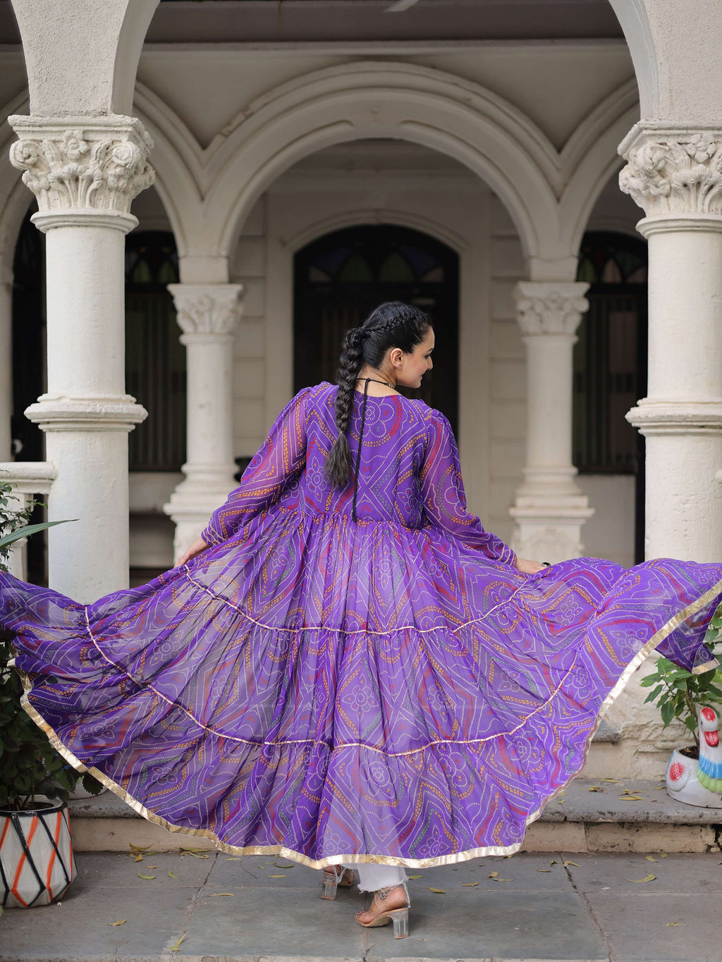 Charming Purple Bandhani Printed Festival Wear Layered Shrug