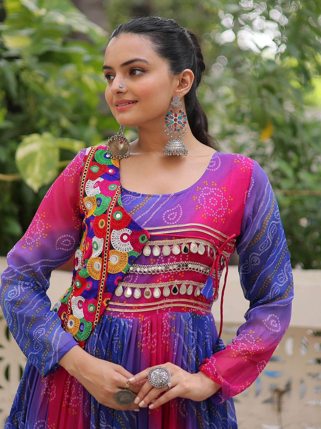 Delicate Purple Bandhani Printed Festival Wear Layered Gown