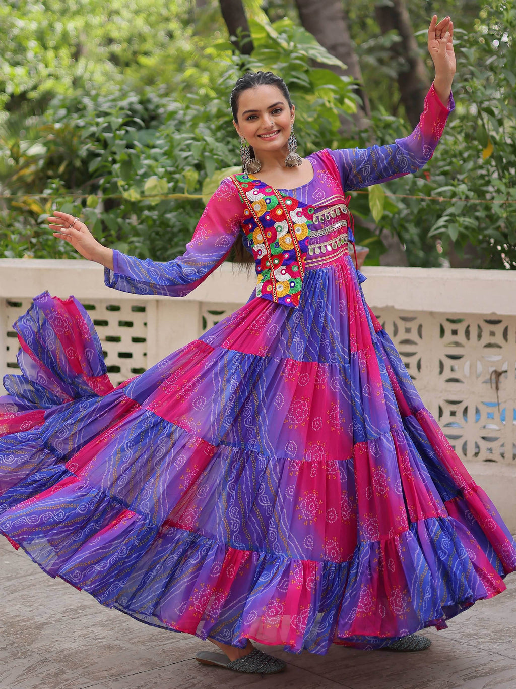 Delicate Purple Bandhani Printed Festival Wear Layered Gown