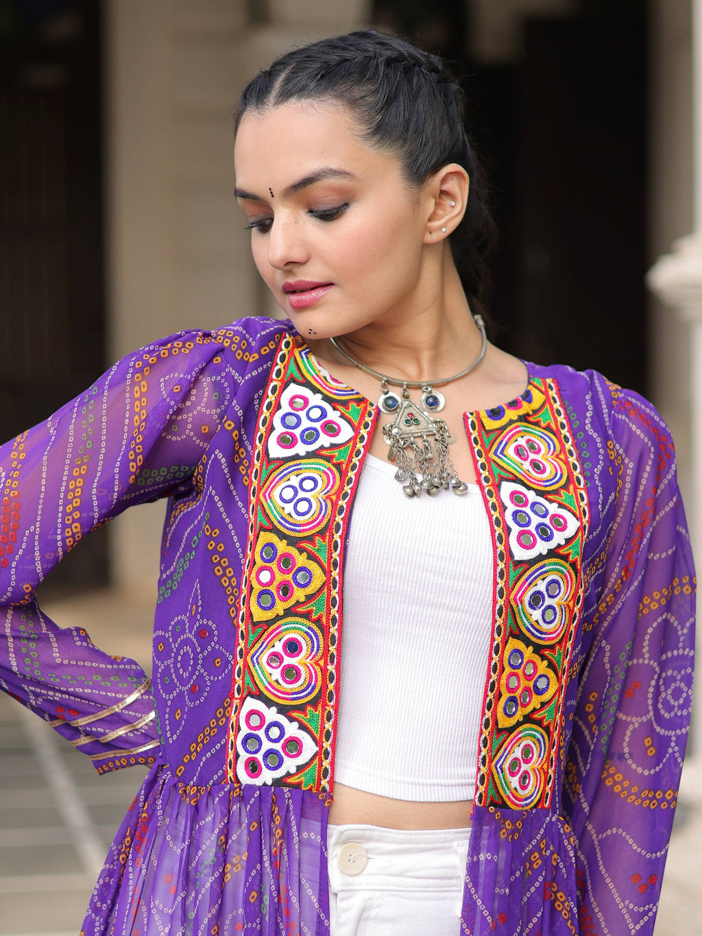 Charming Purple Bandhani Printed Festival Wear Layered Shrug