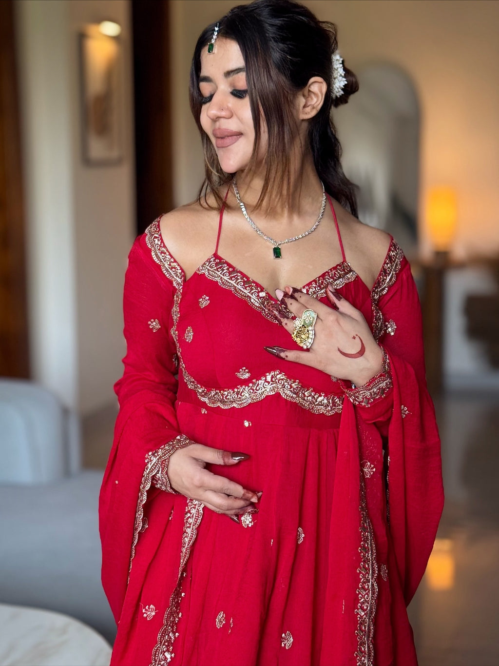 Red Chilli Slit Anarkali Premium Suit Set For Festive & Party Wear