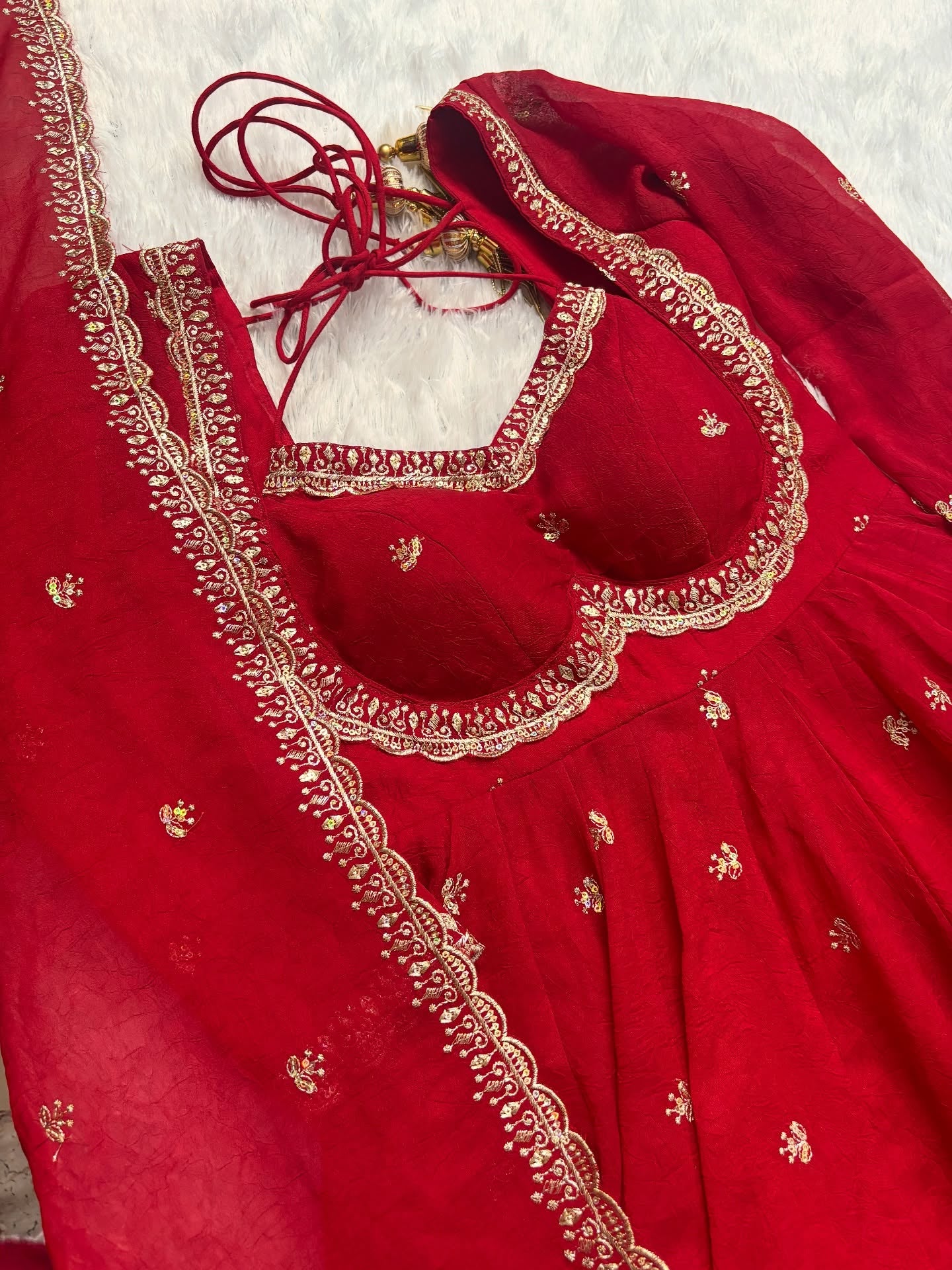 Red Chilli Slit Anarkali Premium Suit Set For Festive & Party Wear