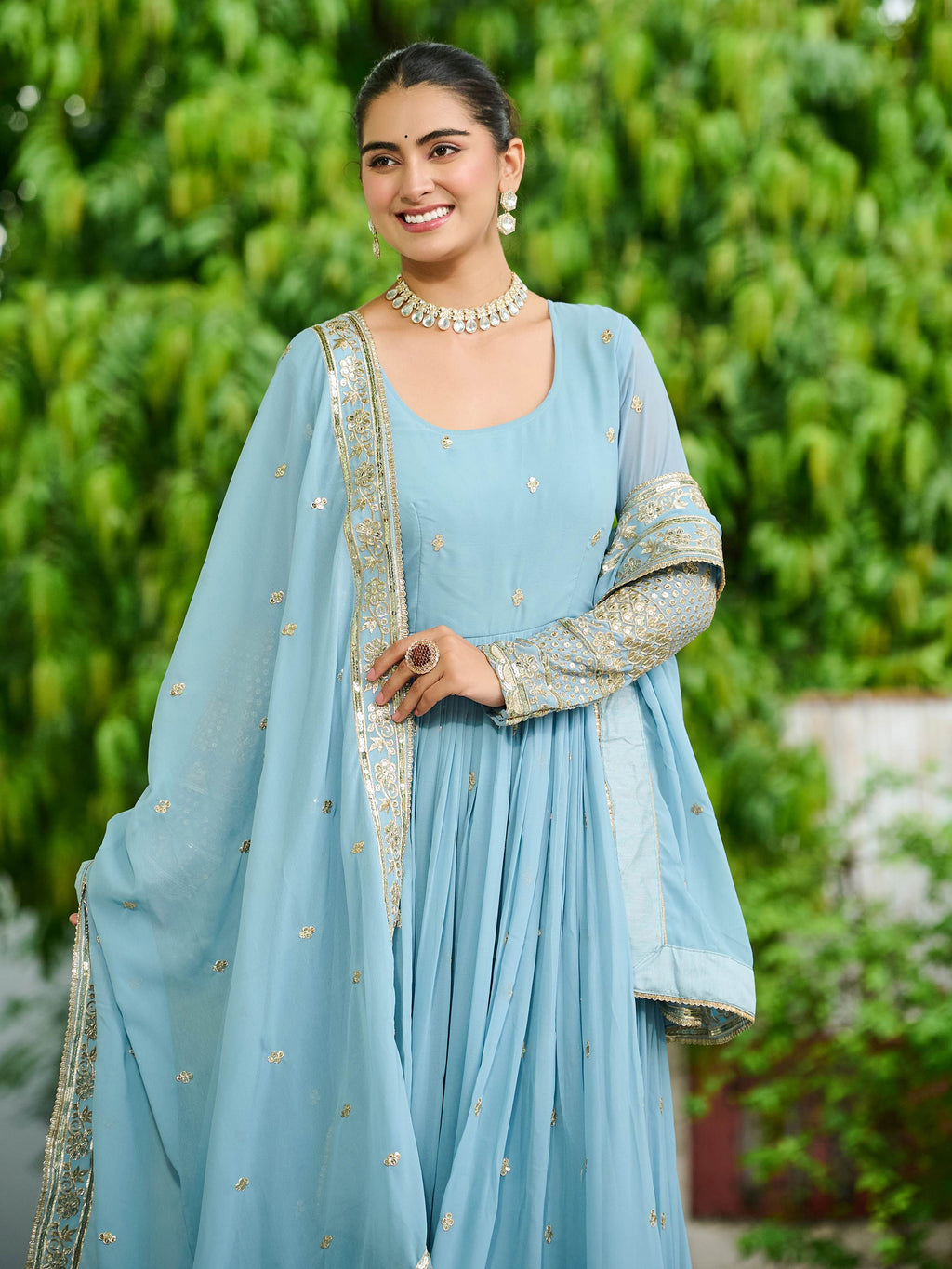 Adorable Sky Blue Embroidered Reception Wear Gown With Dupatta