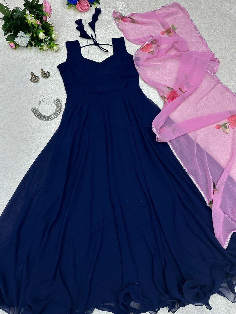 Enamoring Georgette Plain Gown With Floral Dupatta Set - Ethnicwish