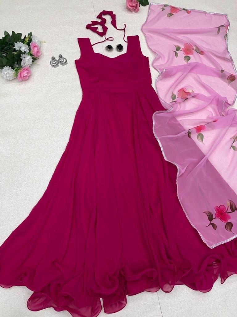 Enamoring Georgette Plain Gown With Floral Dupatta Set - Ethnicwish