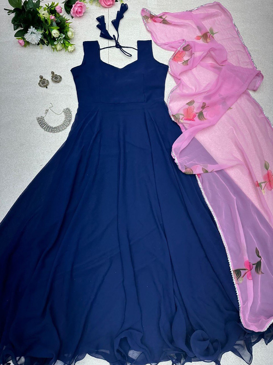 Enamoring Georgette Plain Gown With Floral Dupatta Set - Ethnicwish