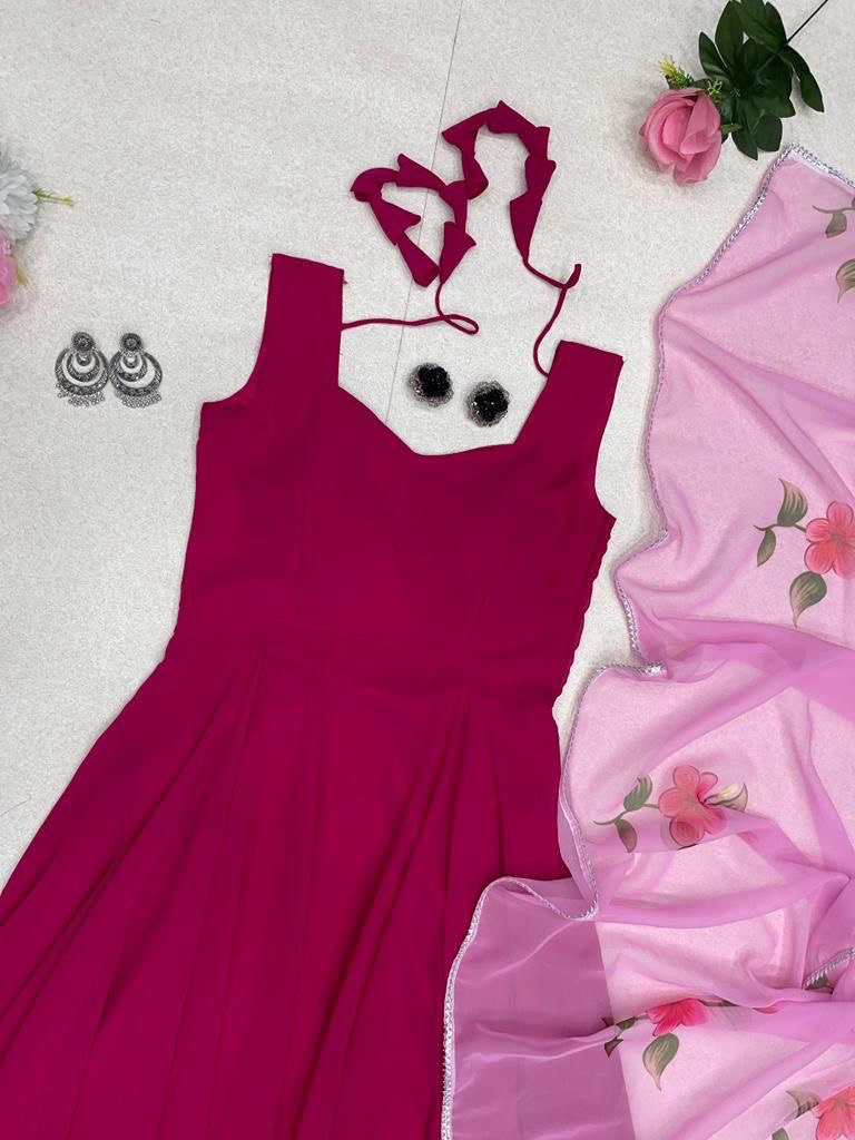 Enamoring Georgette Plain Gown With Floral Dupatta Set - Ethnicwish