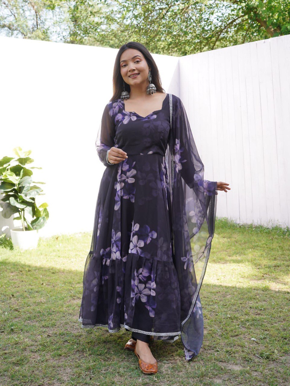 Enchanting Black Georgette Silk Stitched Floral Anarkali Pant Suit - Ethnicwish