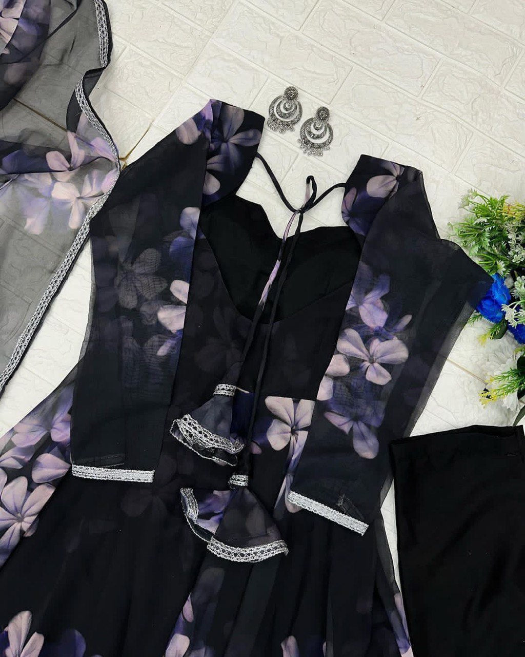 Enchanting Black Georgette Silk Stitched Floral Anarkali Pant Suit - Ethnicwish