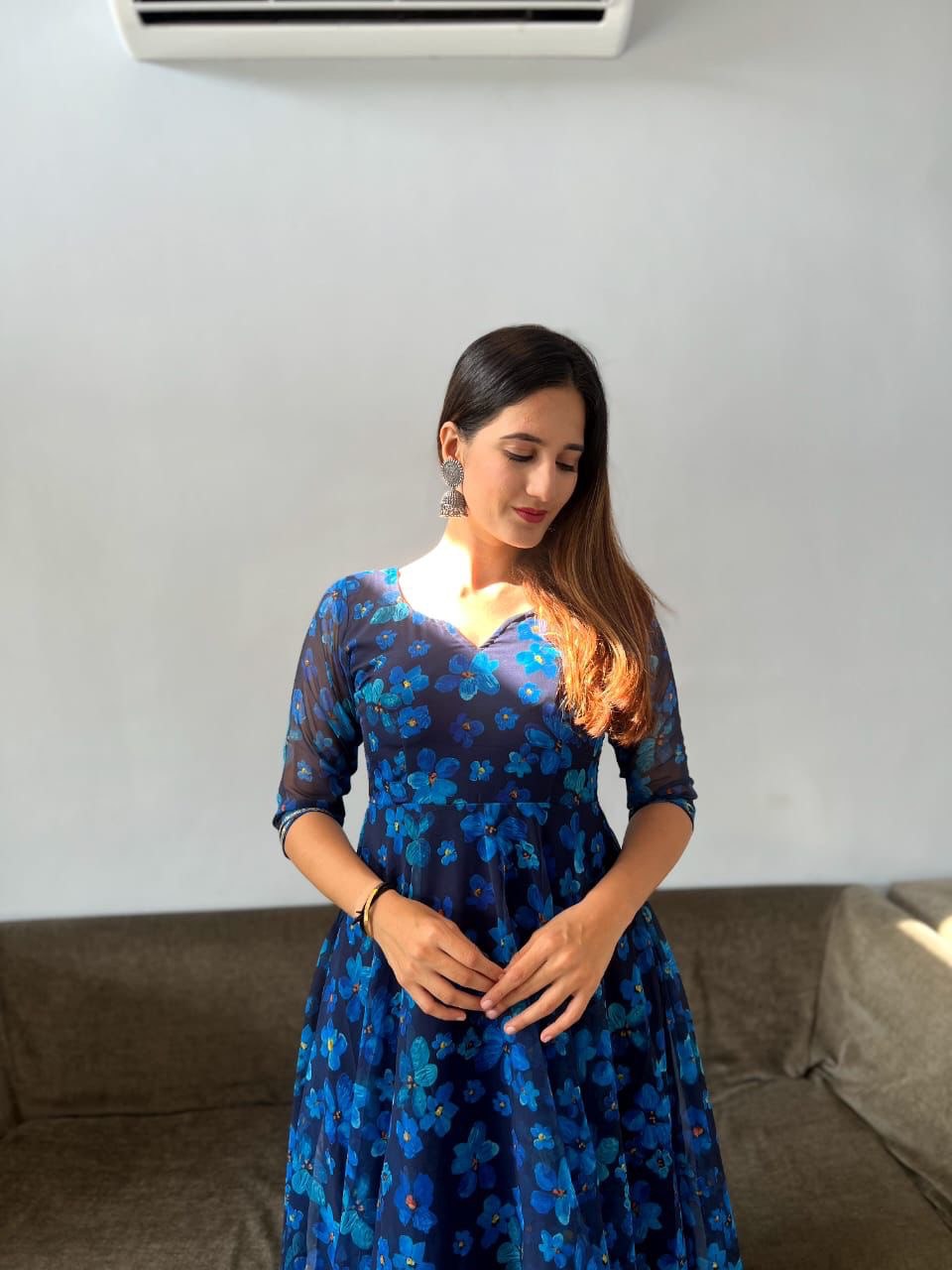 Gorgeous Blue Georgette Silk Floral Anarkali Pant Suit - Ethnicwish
