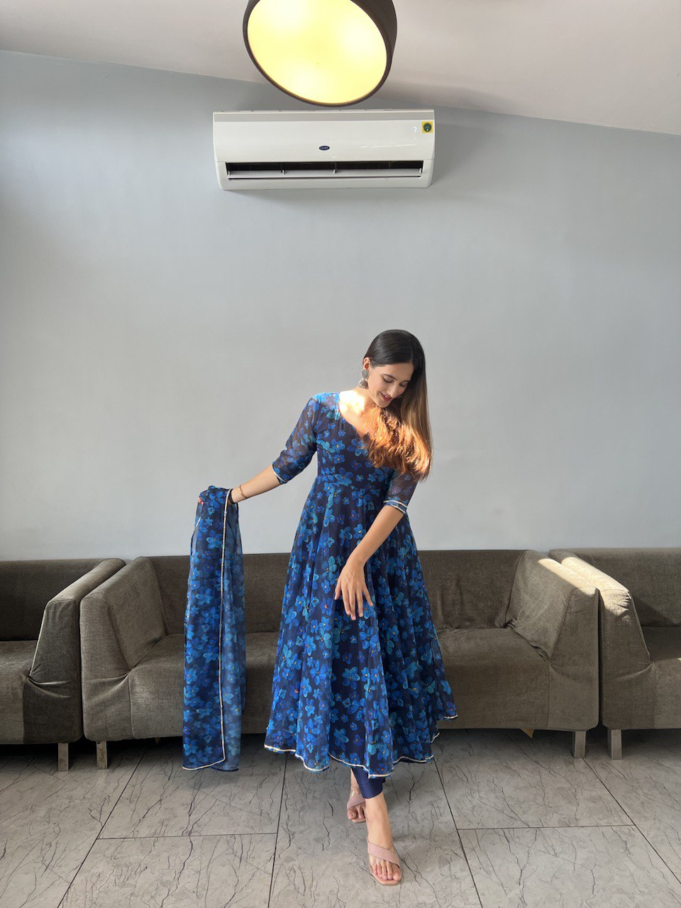 Gorgeous Blue Georgette Silk Floral Anarkali Pant Suit - Ethnicwish