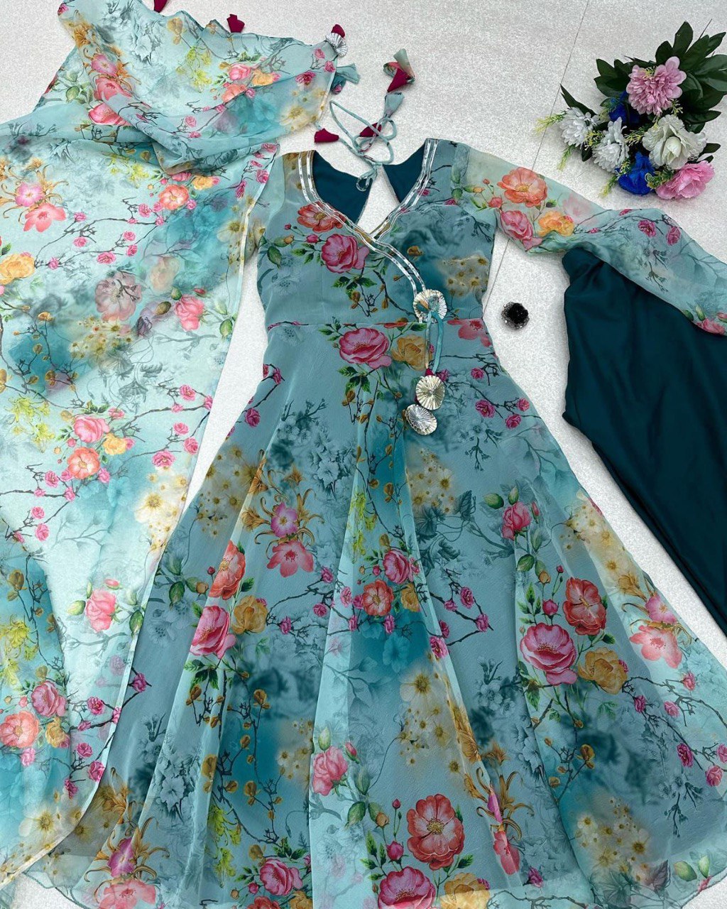 Winsome Rama Georgette Silk Floral Anarkali Pant Suit - Ethnicwish