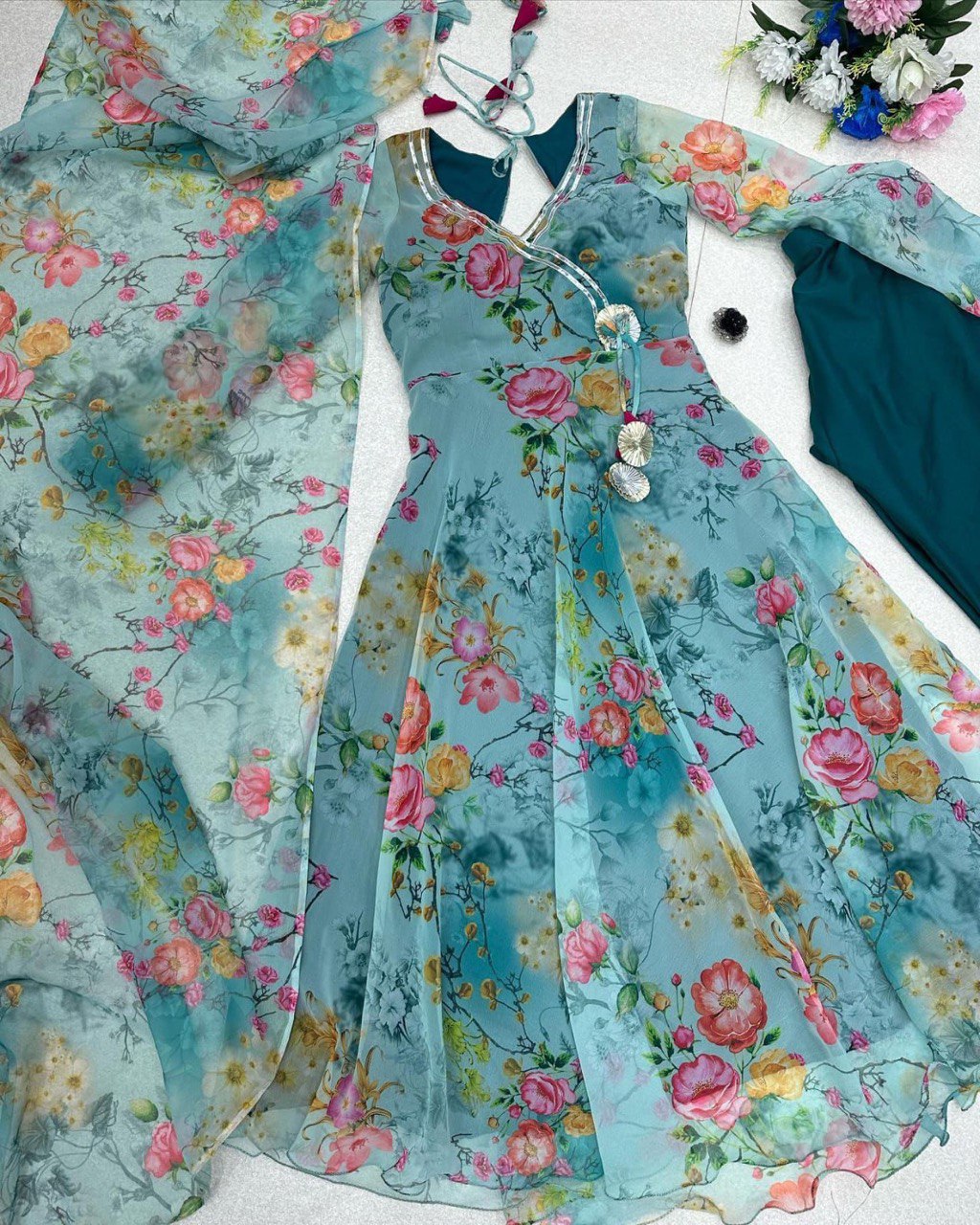 Winsome Rama Georgette Silk Floral Anarkali Pant Suit - Ethnicwish
