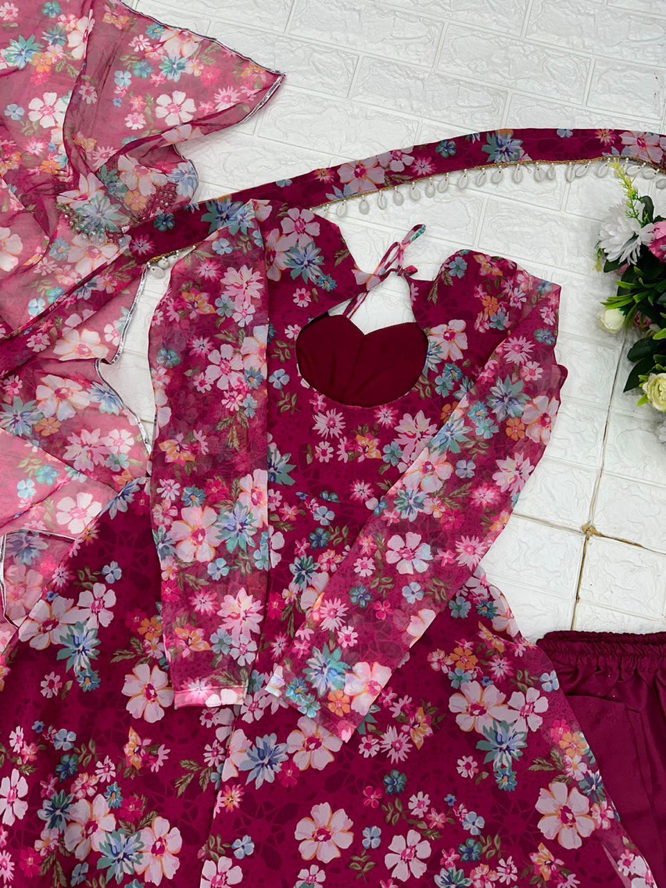 Winsome Rani Pink Georgette Silk Floral Anarkali Pant Suit - Ethnicwish