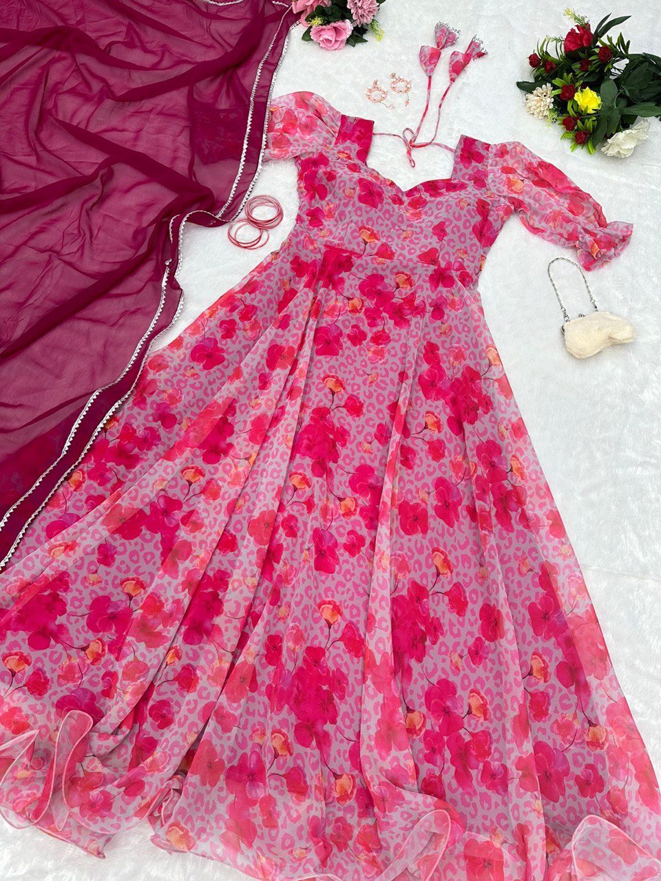 Captivating Pink Georgette Fully Stitched Plain Gown With Floral Dupatta - Ethnicwish