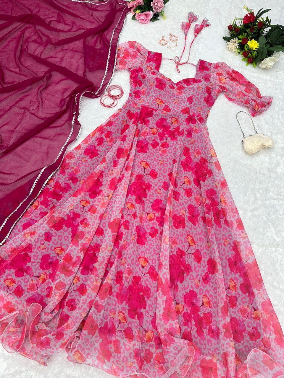 Captivating Pink Georgette Fully Stitched Plain Gown With Floral Dupatta - Ethnicwish