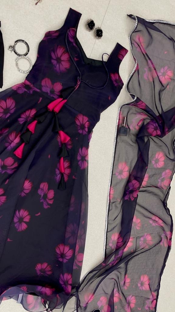 Alluring Black Georgette Silk Fully Stitched Floral Anarkali Pant Suit - Ethnicwish