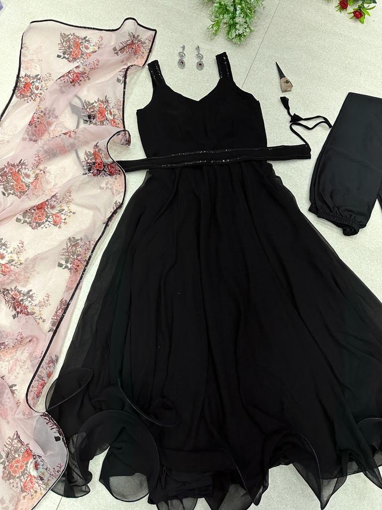 Breathtaking Black Faux Georgette Plain Anarkali Pant Suit With Floral Dupatta - Ethnicwish