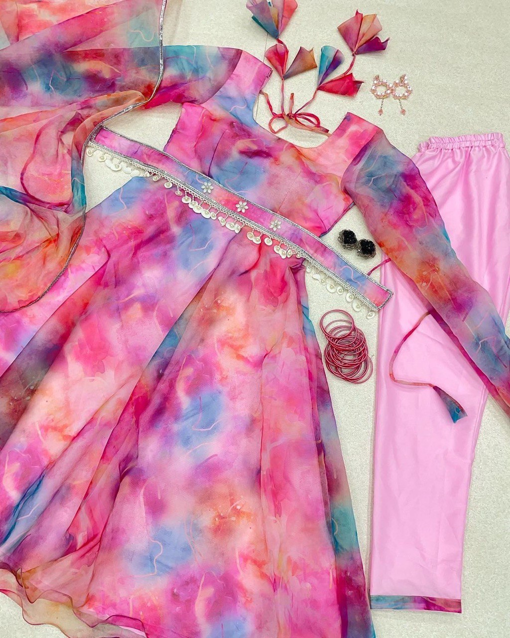 Luminous Pink Organza Silk Floral Digital Printed Anarkali Pant Suit - Ethnicwish