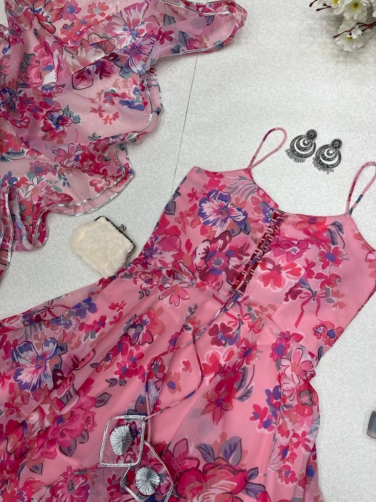 Magnificent Pink Georgette Silk Floral Digital Printed Anarkali Pant Suit - Ethnicwish