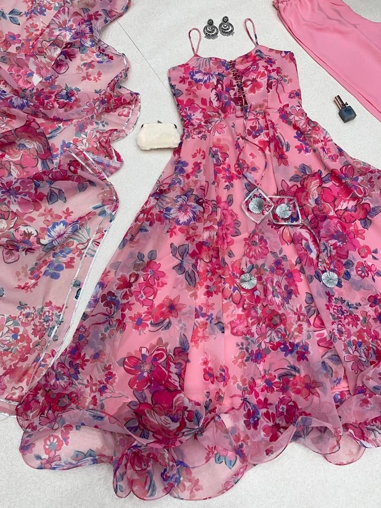 Magnificent Pink Georgette Silk Floral Digital Printed Anarkali Pant Suit - Ethnicwish