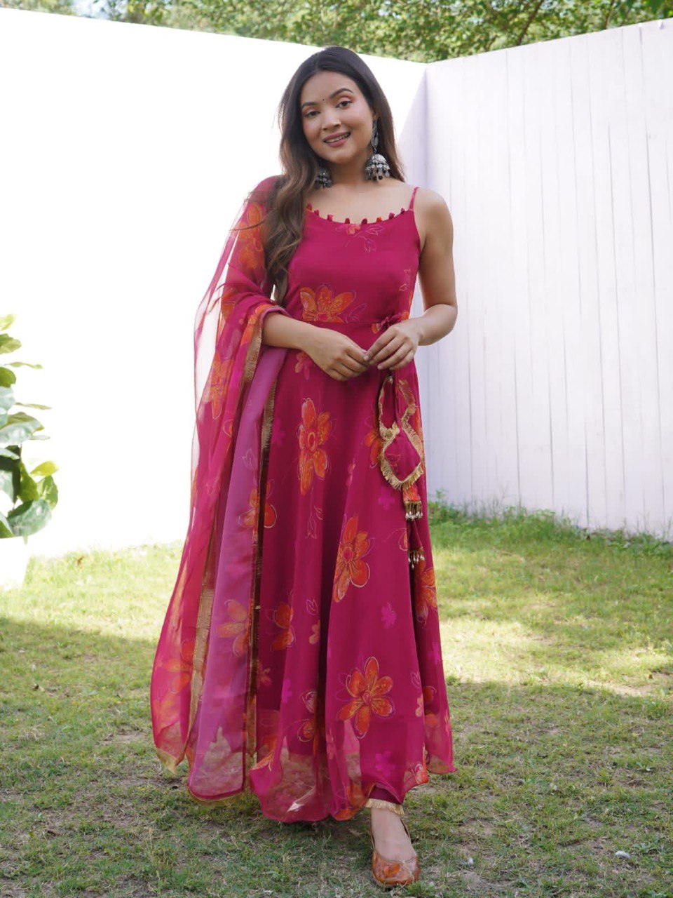 Prepossessing Maroon Georgette Silk Stitched Floral Anarkali Pant Suit - Ethnicwish