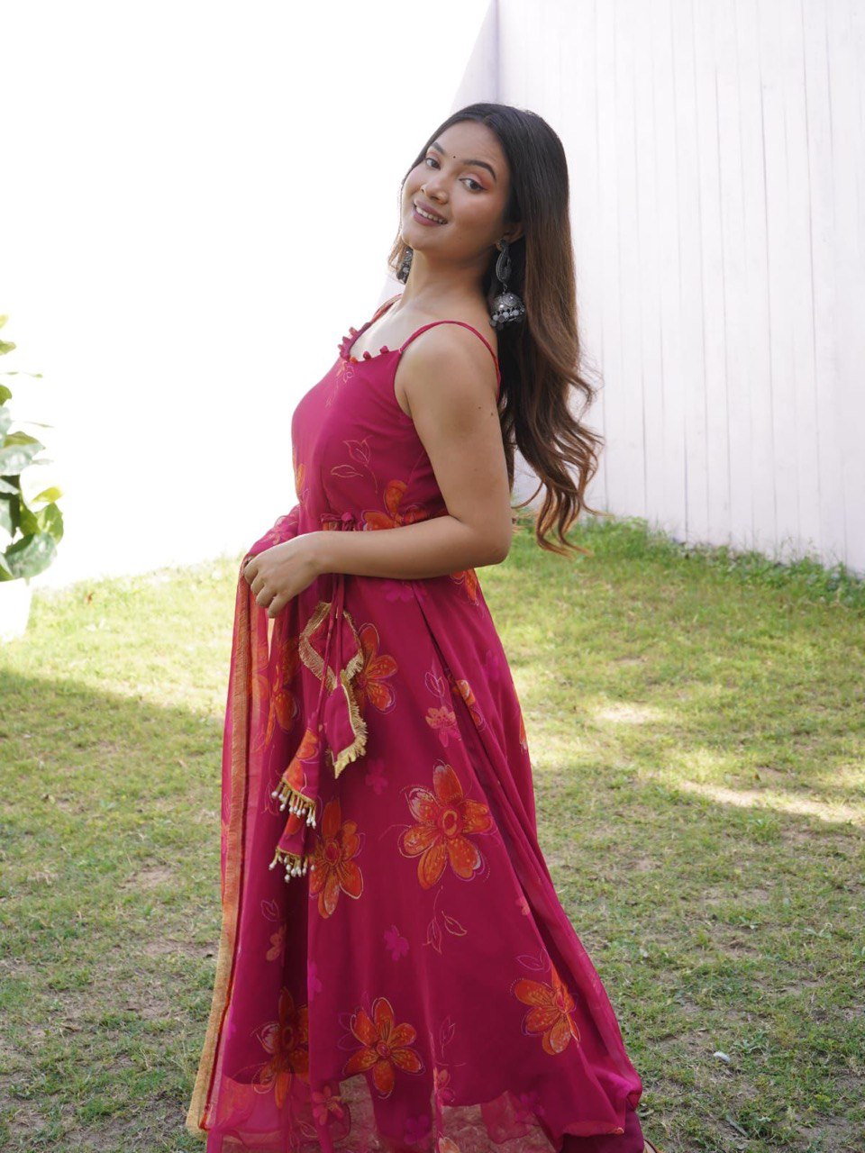 Prepossessing Maroon Georgette Silk Stitched Floral Anarkali Pant Suit - Ethnicwish