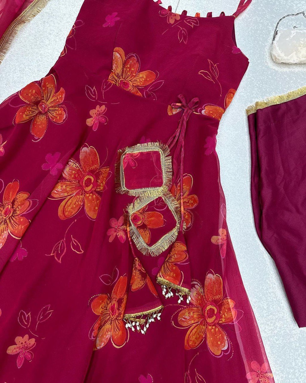 Prepossessing Maroon Georgette Silk Stitched Floral Anarkali Pant Suit - Ethnicwish