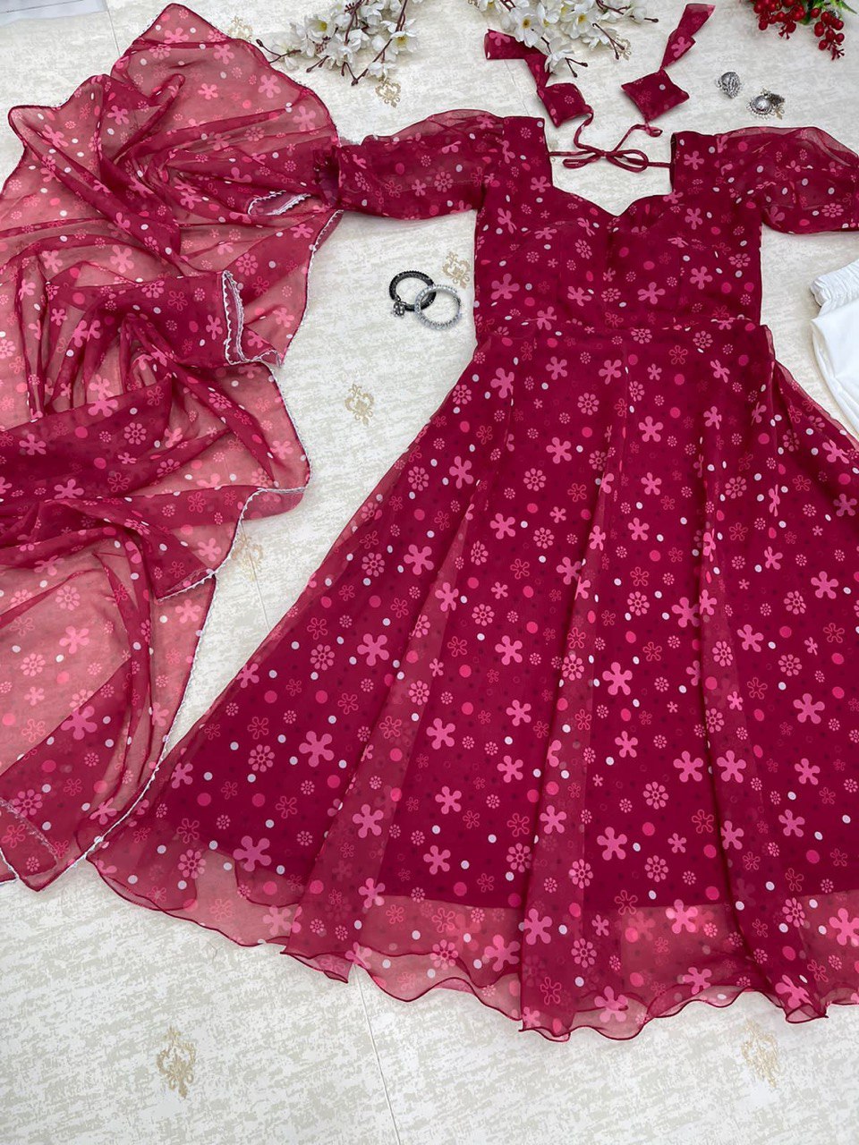 Rani Pink Colored Floral Digital Printed Georgette Silk Suit - Ethnicwish