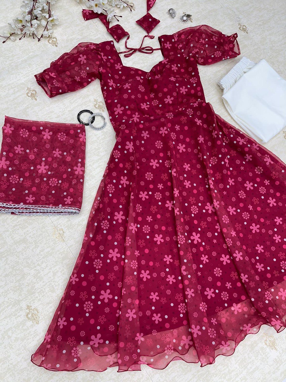 Rani Pink Colored Floral Digital Printed Georgette Silk Suit - Ethnicwish