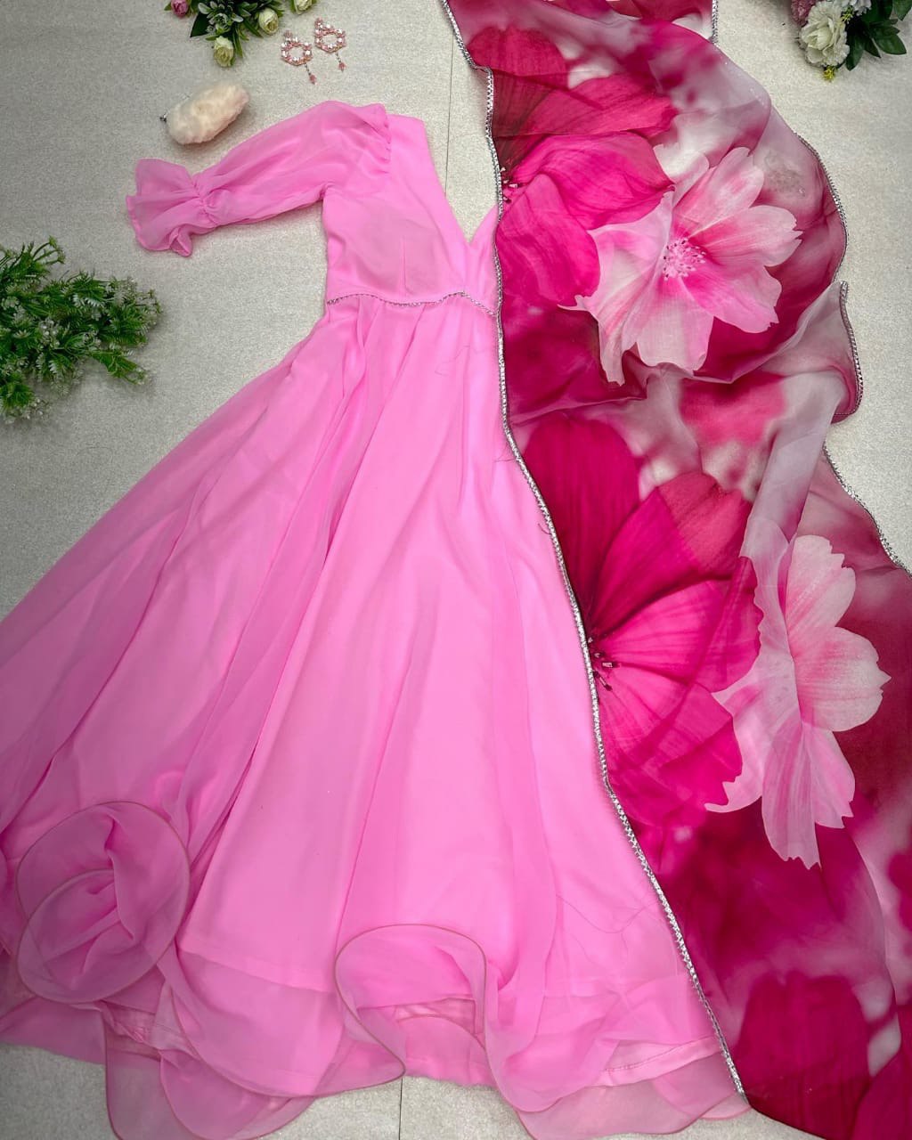 Sublime Pink Georgette Fully Stitched Plain Gown With Floral Dupatta - Ethnicwish